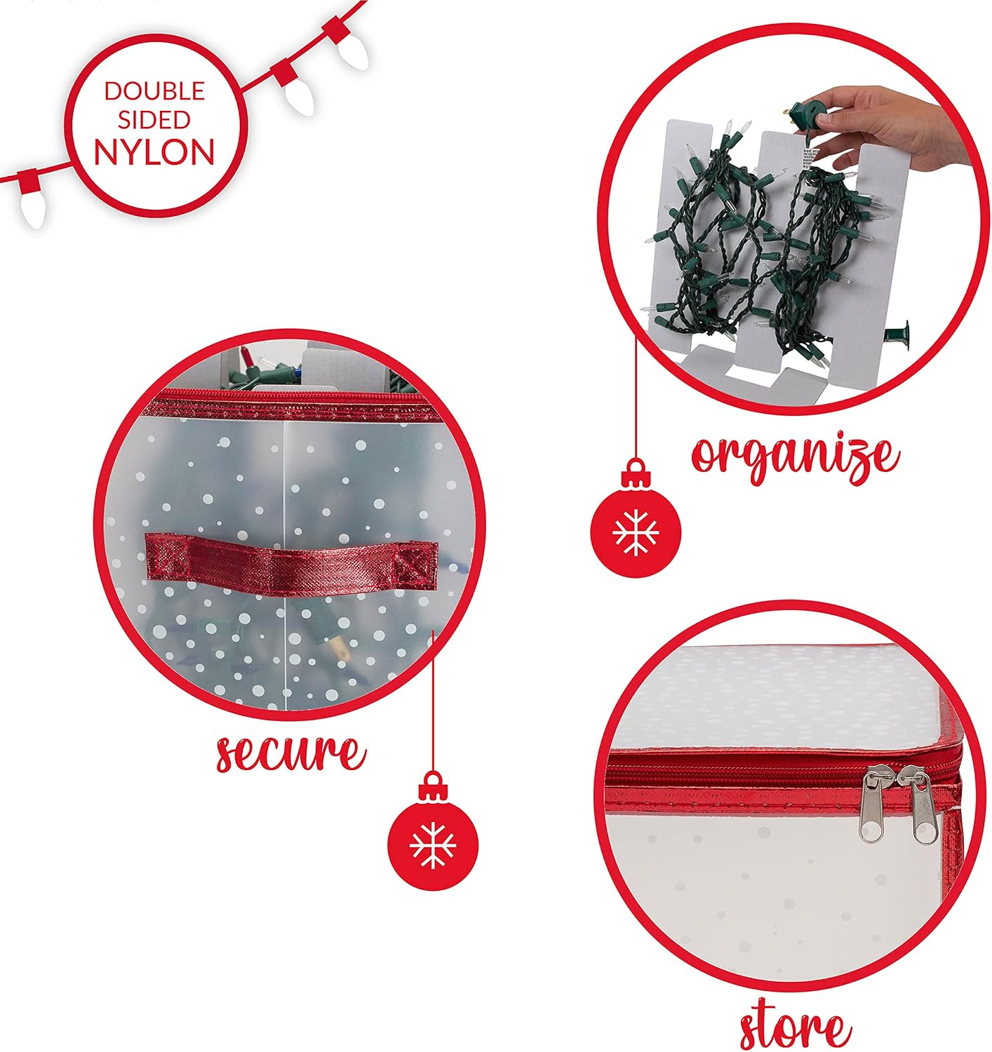 Simplify Holiday Light Organizer Box | Holds 500 Lights | Christmas Storage | Tree String Lights | 5 Divider Reels | Collapsible | Ultra Zip | Red