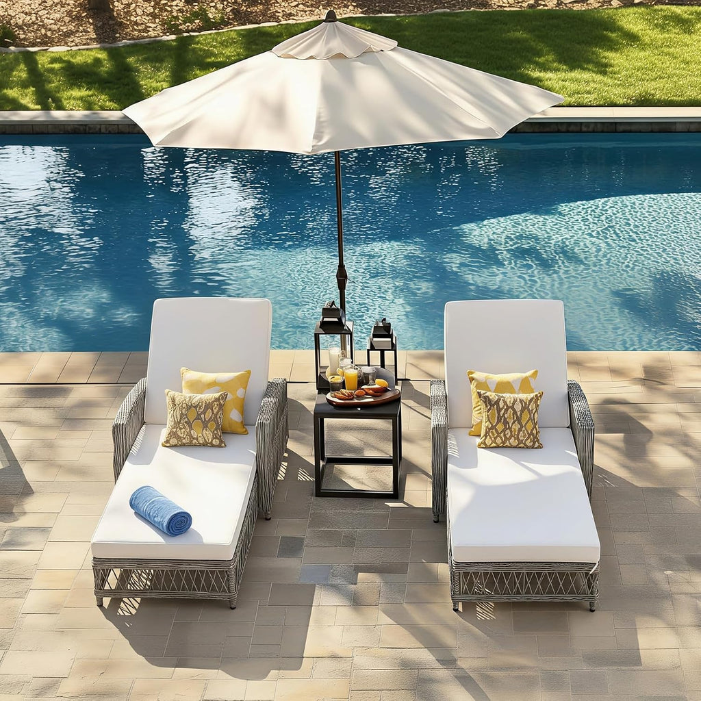 Wicker Chaise Lounge Set of 2, Outdoor Patio Lounge Chair with Adjustable Backrest, Side Shelf and Cushions for Poolside, Garden, Yard, Beige