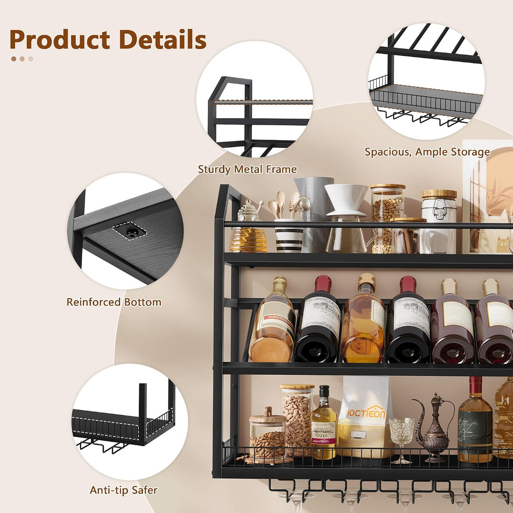 Hoctieon Wall Mount Wine Rack, Wall Mounted Wine Bottle Rack for Display and Storage, Hanging Bottle Holder, for Living Room, Dining Room, Bar, Wine Cellar, Black