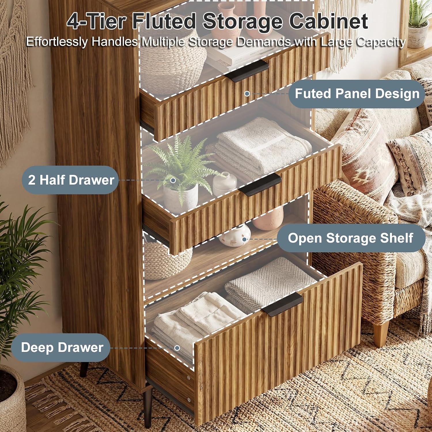 Bathroom Storage Cabinet Set of 2, 47.2" Wide 5-Tier Freestanding Pantry Cabinet with 6 Extra-Large Drawers & 2 Open Shelves, Fluted Floor Organizer Cupboard for Kitchen, Living Room, Yellow Oak
