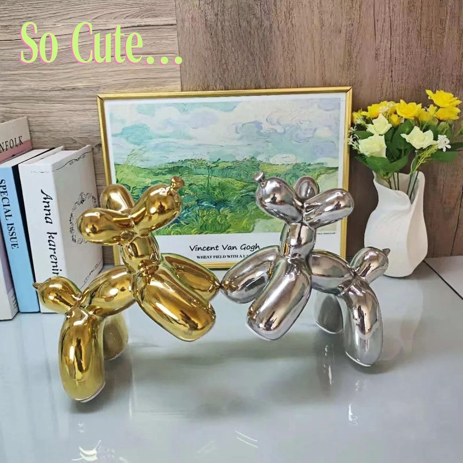 Creative Balloon Dog Wine Bottle Holder Doubles as Standalone Statue Decor and Bookend for Dog Lovers,Modern Decoration for Kitchen,Living Room,and Bar,Ceramic,Metallic Chrome Silver