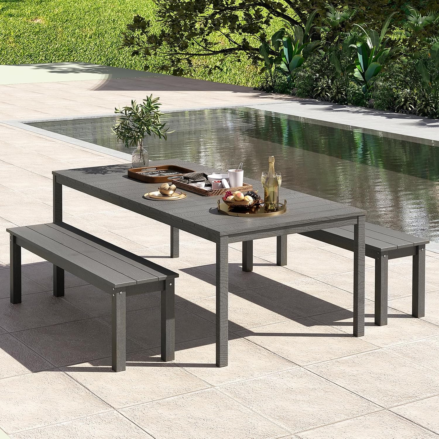 Giantex 55" HDPE Outdoor Bench, 2-3 People Weatherproof Backless Patio Garden Bench with 750 Lbs Capacity, Fade Resistant Outside Seating Furniture, Loveseat for Porch, Yard, Park (1,Grey)