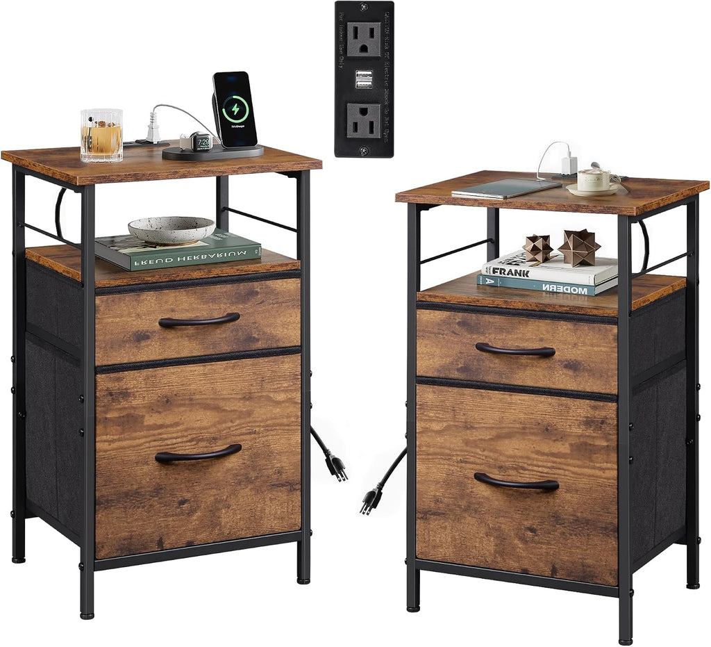 WLIVE Night Stand Set 2, Nightstand with Charging Station, Bedside Tables for Bedroom, Side Table with Fabric Drawers, USB Ports and Outlets, Rustic Brown