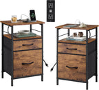 WLIVE Night Stand Set 2, Nightstand with Charging Station, Bedside Tables for Bedroom, Side Table with Fabric Drawers, USB Ports and Outlets, Rustic Brown