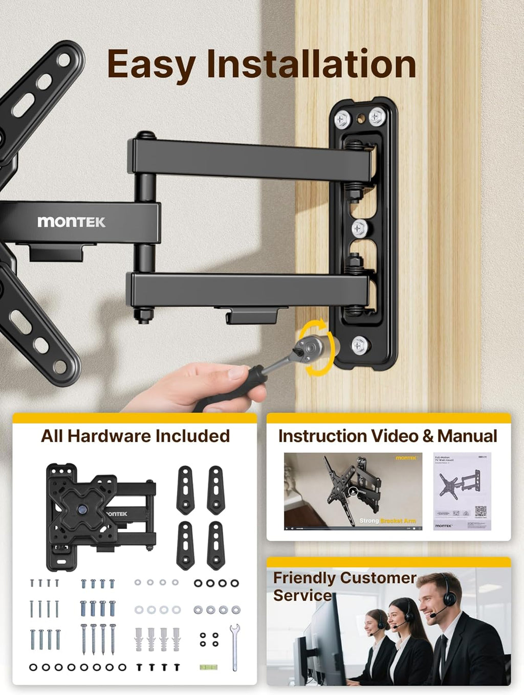 monTEK Full Motion TV Wall Mount Bracket for Most 13-43 Inch LED LCD Flat Screen TVs & Monitors, Swivel Tilt Extension Rotation with Articulating Arms, TV Mount Max VESA 200x200mm, up to 44lbs