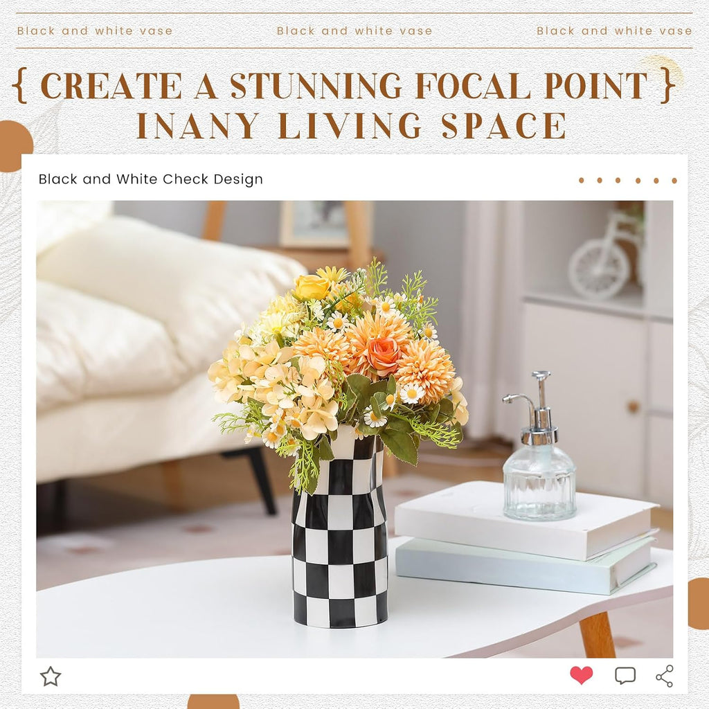 Black and White Checkered Vase Small 8 Inch Height Modern Checkered Decor Ceramic Black and White Flower Shaped Decorative Vase for Office, Bedroom, Home Decor
