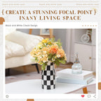 Black and White Checkered Vase Small 8 Inch Height Modern Checkered Decor Ceramic Black and White Flower Shaped Decorative Vase for Office, Bedroom, Home Decor
