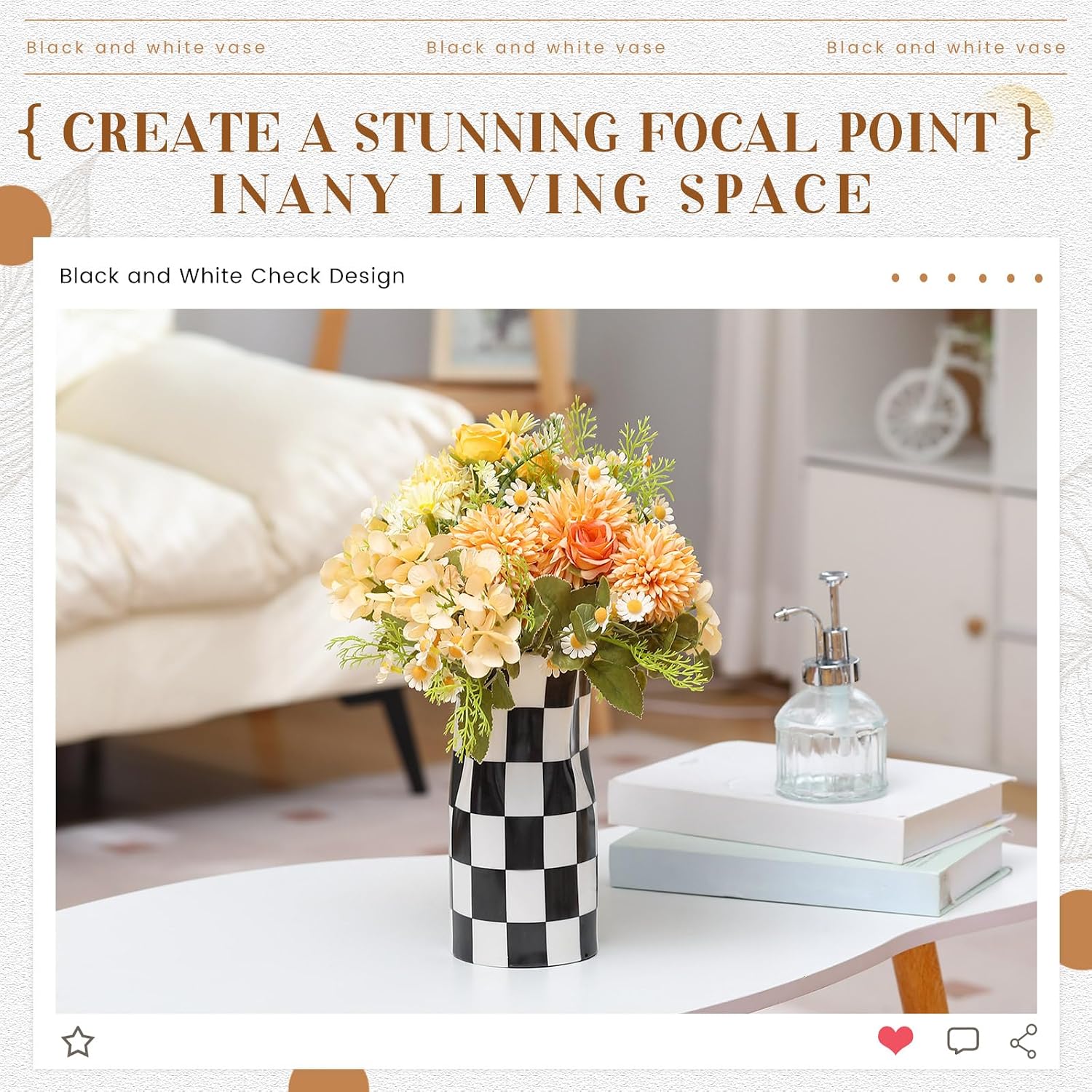 Black and White Checkered Vase Small 8 Inch Height Modern Checkered Decor Ceramic Black and White Flower Shaped Decorative Vase for Office, Bedroom, Home Decor