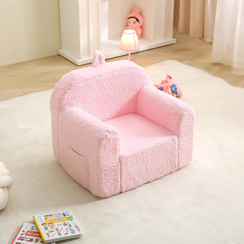 Kids Chair Comfy Toddler, Soft Baby Chair for Boys & Girls, Portable Toddler Reading Armchair with Removable Washable Sherpa Cover, Pink
