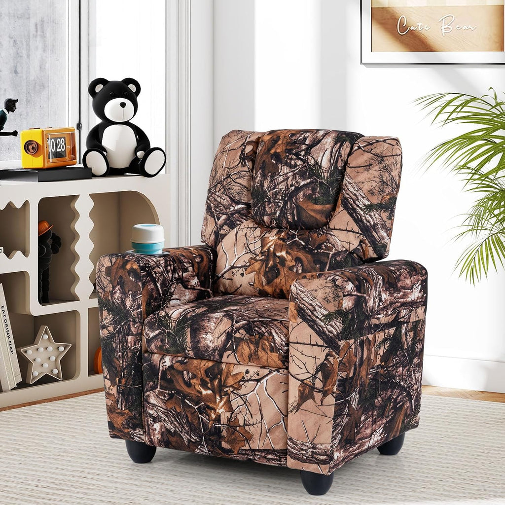 GLACER Kids Recliner with Cup Holder, Velvet Toddler Lounge Chair w/Adjustable Backrest & Footrest, Spring-Loaded Seat Cushion, Push Back Toddler Sofa for Boys & Girls Ages 3+ Years Old (Camouflage)