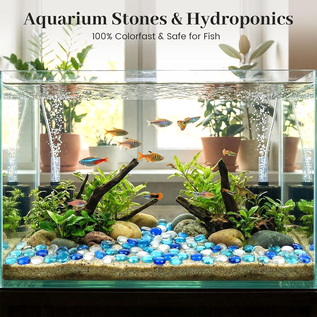 FUTUREPLUSX 1 pounds, Flat Glass Marbles, Blue Mixed Gemstone Vase Fillers Beads Decorative Glass Pebbles Floral Fish Tank Rocks for Vases Table Scatter Aquarium Decor
