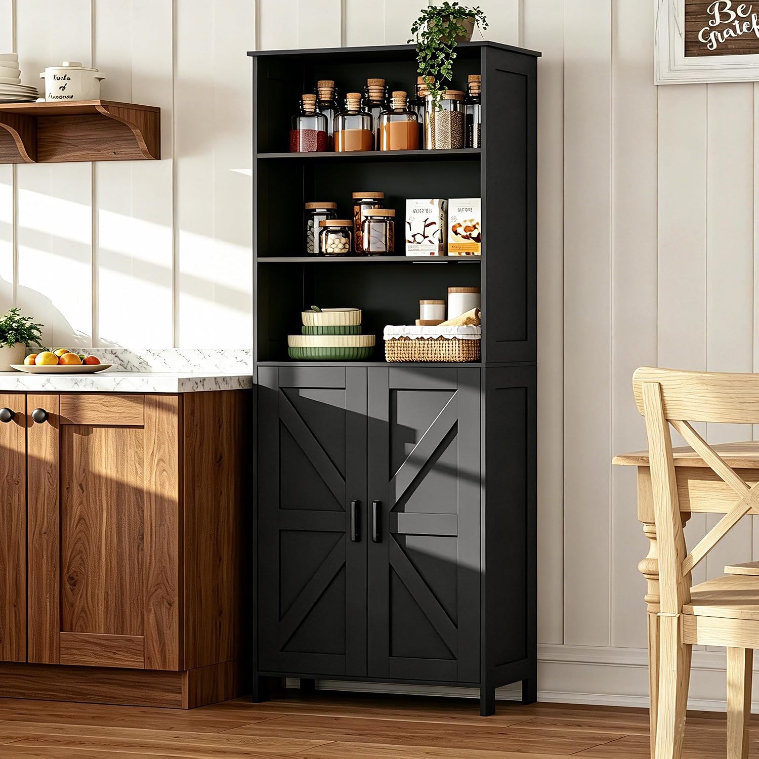 Homhedy 67" Tall Bathroom Storage Cabinet, Freestanding Farmhouse Cabinet with 2 Doors and Adjustable Shelf, Bathroom Organizers and Storage for Kitchen, Living Room, Laundry Room, Black