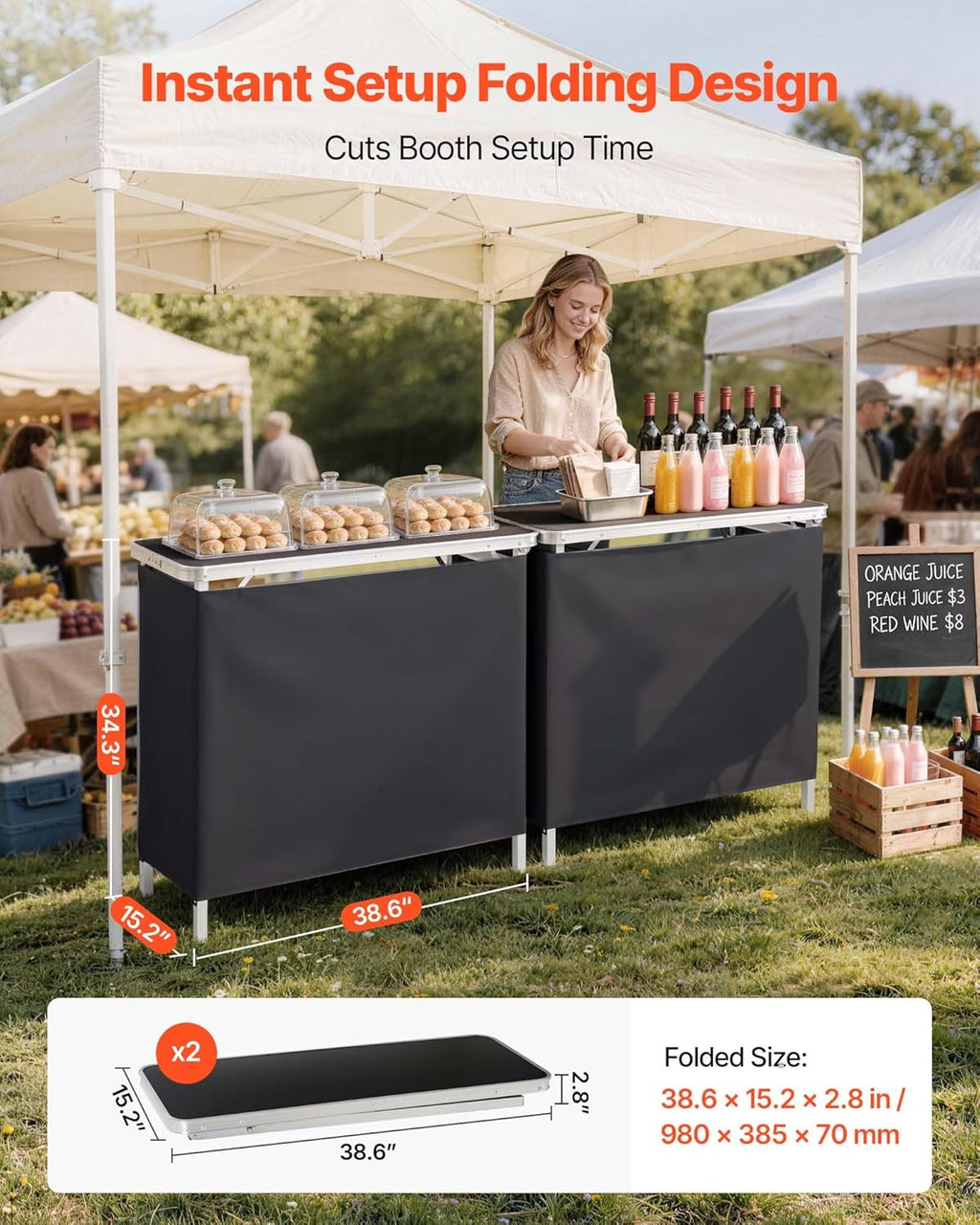 VEVOR Folding Portable Bar Table, 2 pcs, 38.6 x 15.2 x 34.3 in, with Carry Bag, Storage Shelf, Detachable Skirt, Quick and Easy Setup, Foldable Mobile Bartending Station for Events, Party, Tradeshow