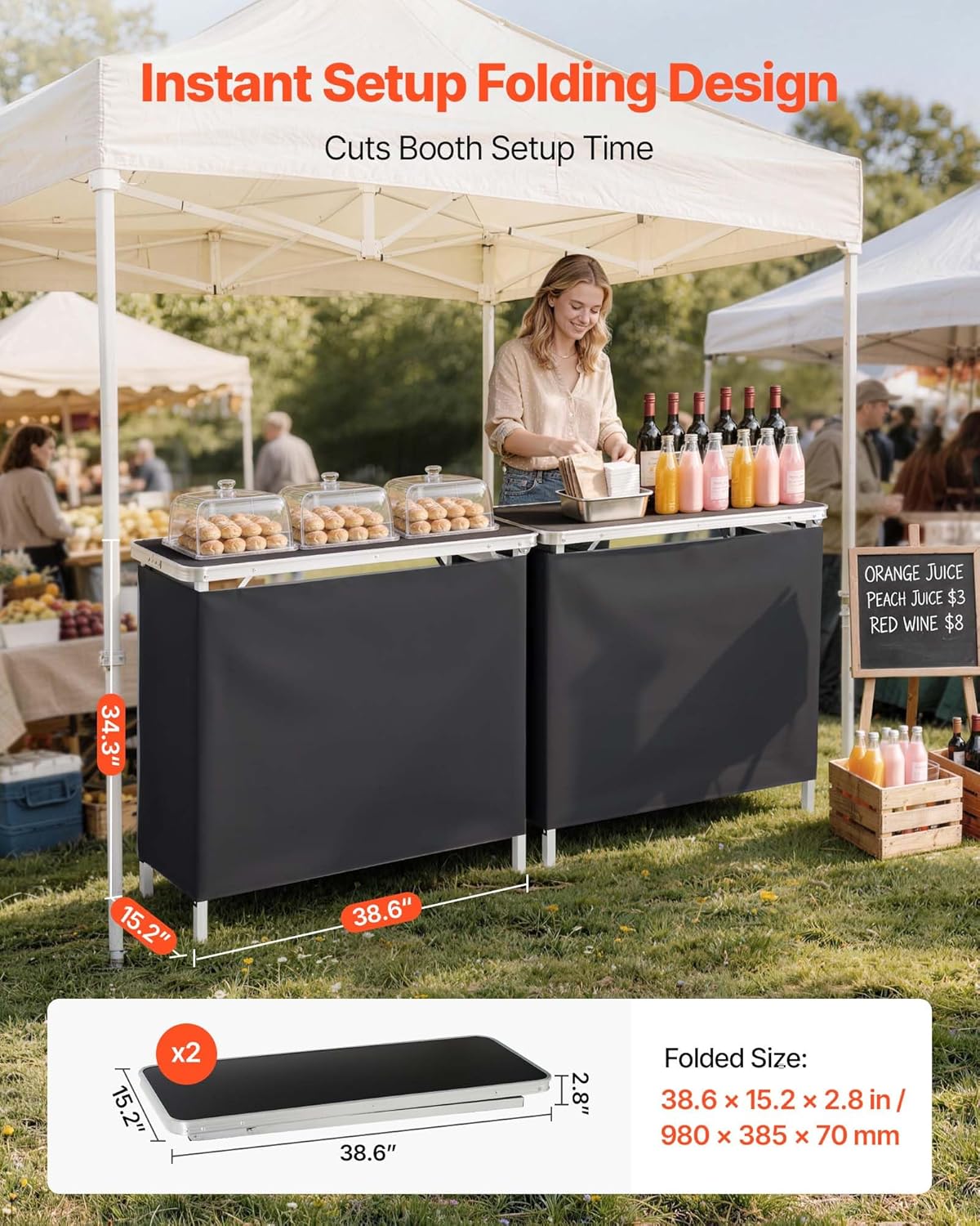 VEVOR Folding Portable Bar Table, 2 pcs, 38.6 x 15.2 x 34.3 in, with Carry Bag, Storage Shelf, Detachable Skirt, Quick and Easy Setup, Foldable Mobile Bartending Station for Events, Party, Tradeshow