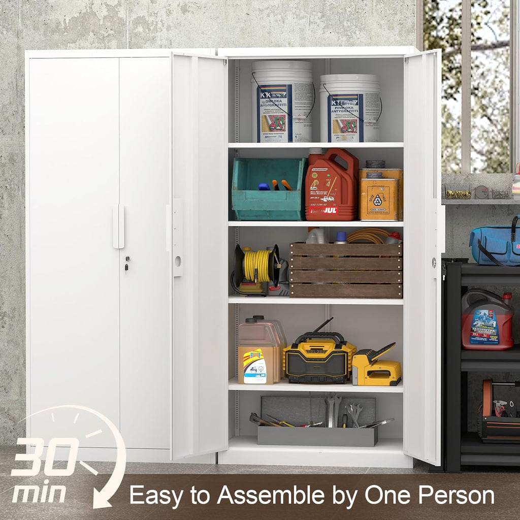 GREATMEET Metal Garage Storage Cabinet with 2 Doors and Shelves - 72" x 34" x 18" Steel Lockable File Cabinet, White Locking Tool Cabinets for Office Home Garage Gym School