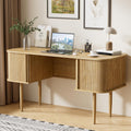 Furniway 55" Modern Writing Desk with Sliding Doors, Wood Home Office Desk with Storage, Computer Desk for Study, Living Room, Dorm, Natural