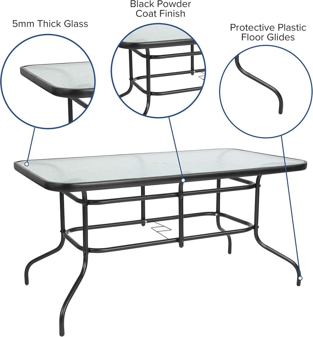Flash Furniture Tory 31.5" x 55" Rectangular Tempered Glass Metal Patio Table with Umbrella Hole, Modern Rippled Glass Outdoor Dining Table, Black