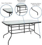 Flash Furniture Tory 31.5" x 55" Rectangular Tempered Glass Metal Patio Table with Umbrella Hole, Modern Rippled Glass Outdoor Dining Table, Black