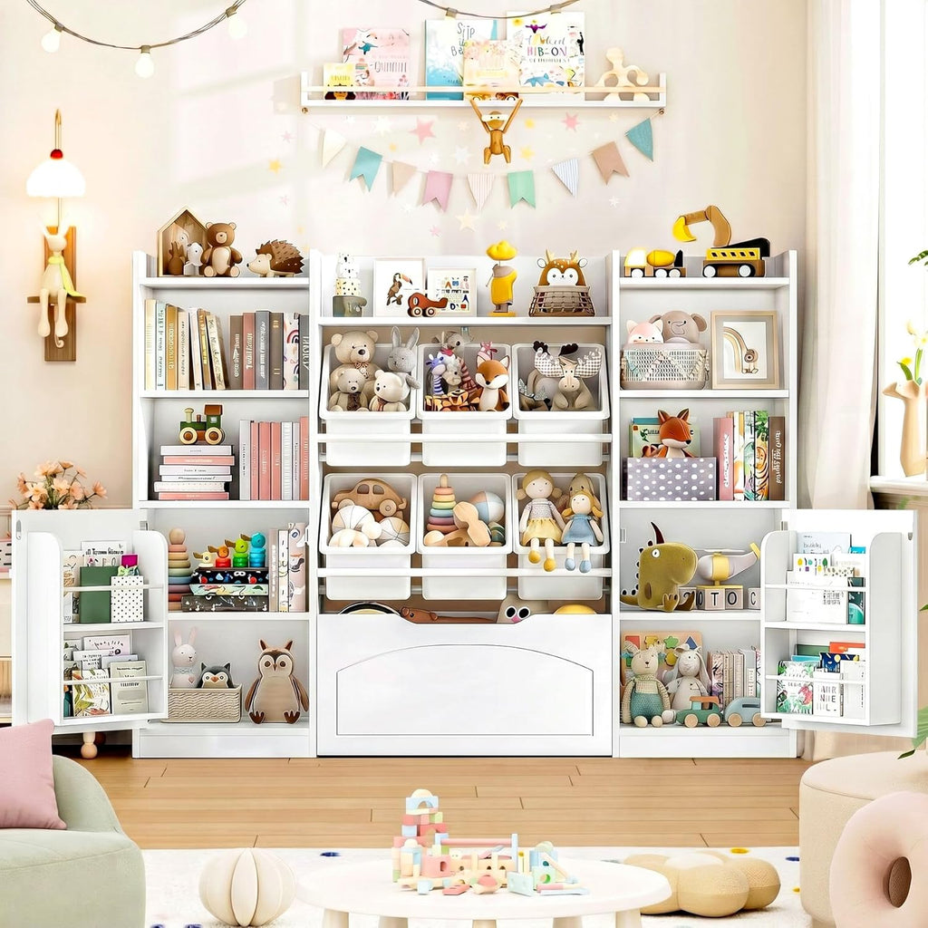 FINETONES 55” Toy Storage Organizer with 6 Toy Bins, 5-in-1 Large Kids Bookshelf with Movable Chests and 2-Tier Shelf Door, Toy Organizers and Storage Playroom Storage with Drawer, White