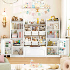 FINETONES 55” Toy Storage Organizer with 6 Toy Bins, 5-in-1 Large Kids Bookshelf with Movable Chests and 2-Tier Shelf Door, Toy Organizers and Storage Playroom Storage with Drawer, White