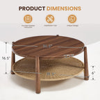 Round Coffee Table with Woven Storage Shelf, Mid-Century Modern 2-Tier Wood Center Table, Boho Coastal Circle Coffee Table for Living Room Office, Walnut Brown