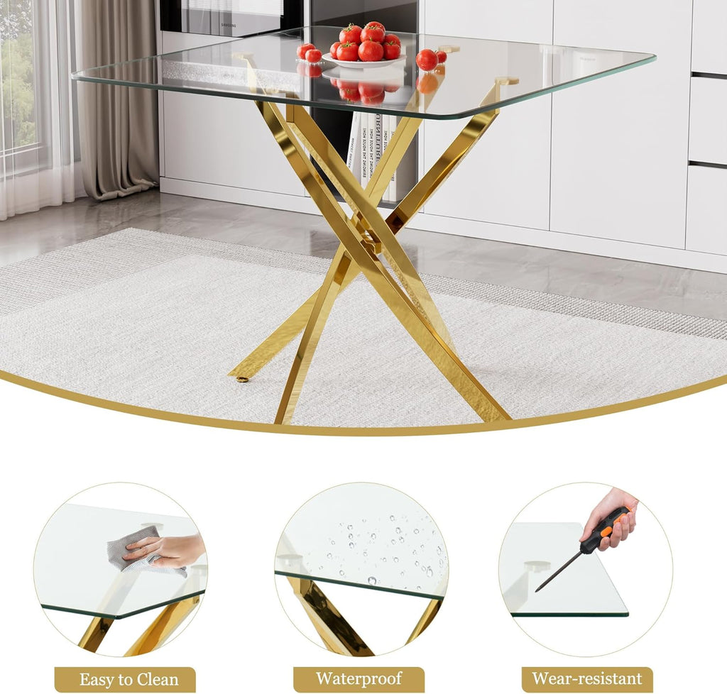 36 Inch Dining Table Set for 4, Modern Square Tempered Glass Top, Gold Finish Stainless Steel Legs Table and PU Leather Chairs for Dining Room, Living Room, Kitchen, Beige with Gold Base