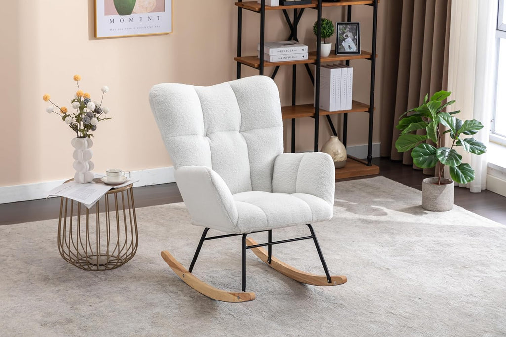 Adulto Teddy Fabric Rocking Chair Outdoor Indoor, Wooden Rocking Chair,A1 | Soft teddy fabric rocking chair with sturdy wooden frame, metal base, and floor protection. Ideal for indoor nursery, li