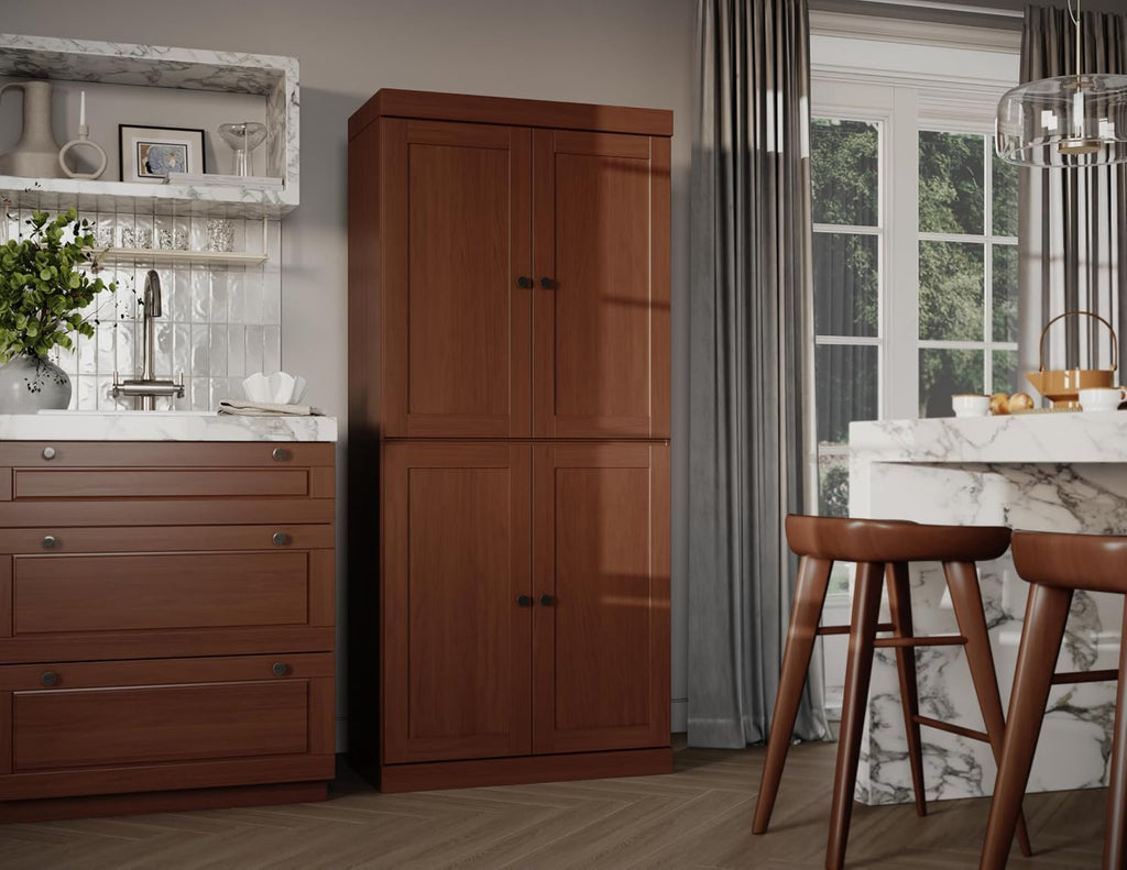 Palace Imports Solid Wood Kitchen Pantry Cabinet - 71.5" Tall x 32" Wide - Wooden Storage Cabinet with 4 Shaker Doors & 4 Adjustable Shelves, Mocha, 100% Renewable Eco-Friendly Wood, Made in Brazil