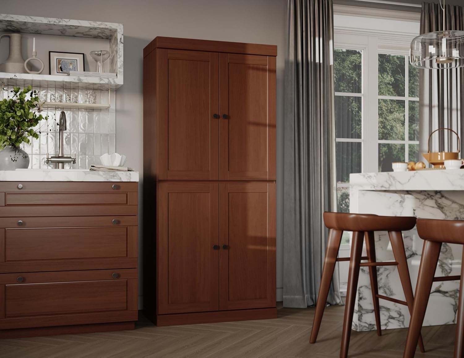 Palace Imports Solid Wood Kitchen Pantry Cabinet - 71.5" Tall x 32" Wide - Wooden Storage Cabinet with 4 Shaker Doors & 4 Adjustable Shelves, Mocha, 100% Renewable Eco-Friendly Wood, Made in Brazil