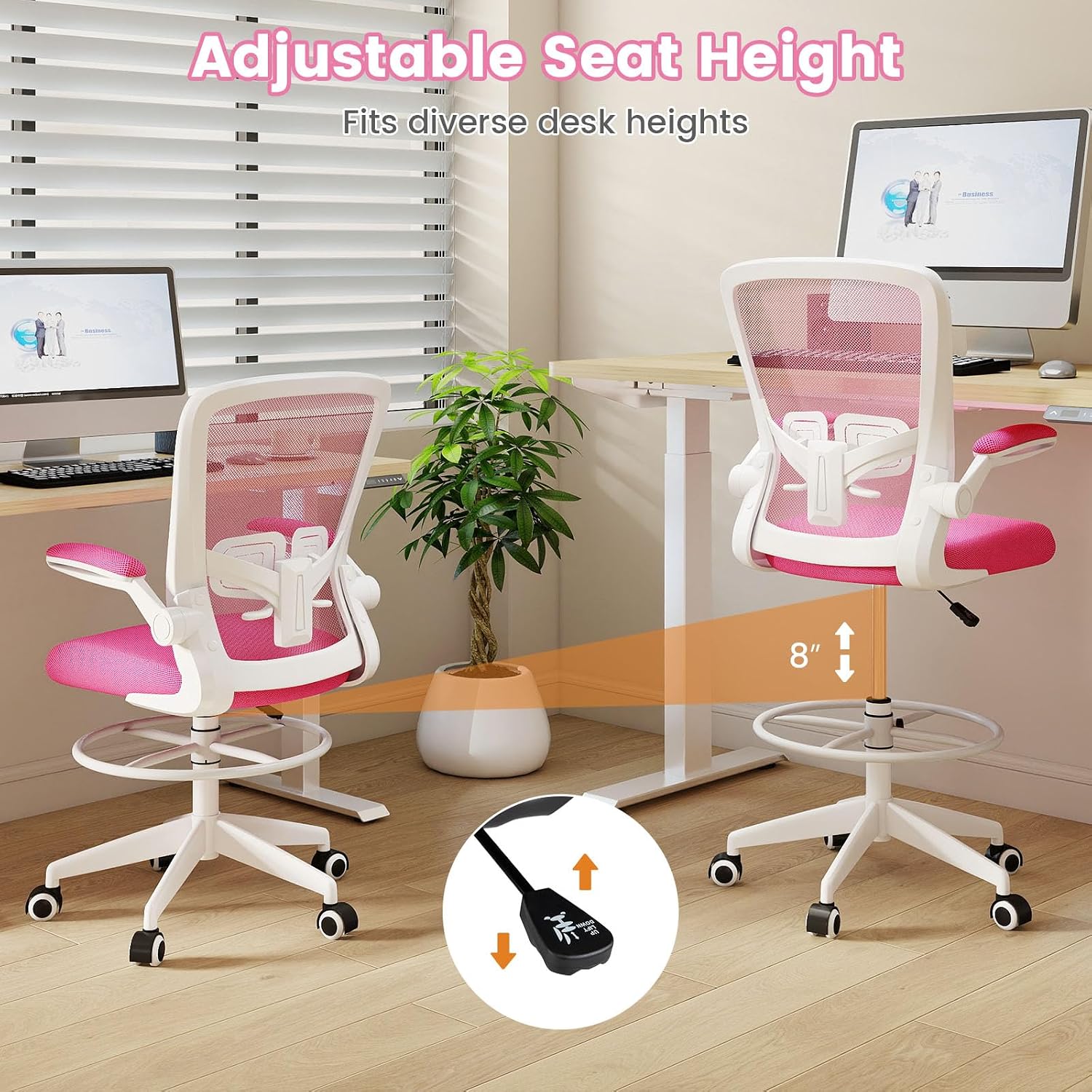 Giantex Ergonomic Drafting Chair Tall Office Chair with Flip-Up Armrests Footrest Ring Height Adjustable Executive Task Chair Mesh Computer Standing Desk Chair Lumbar Support for Home Office (Pink)