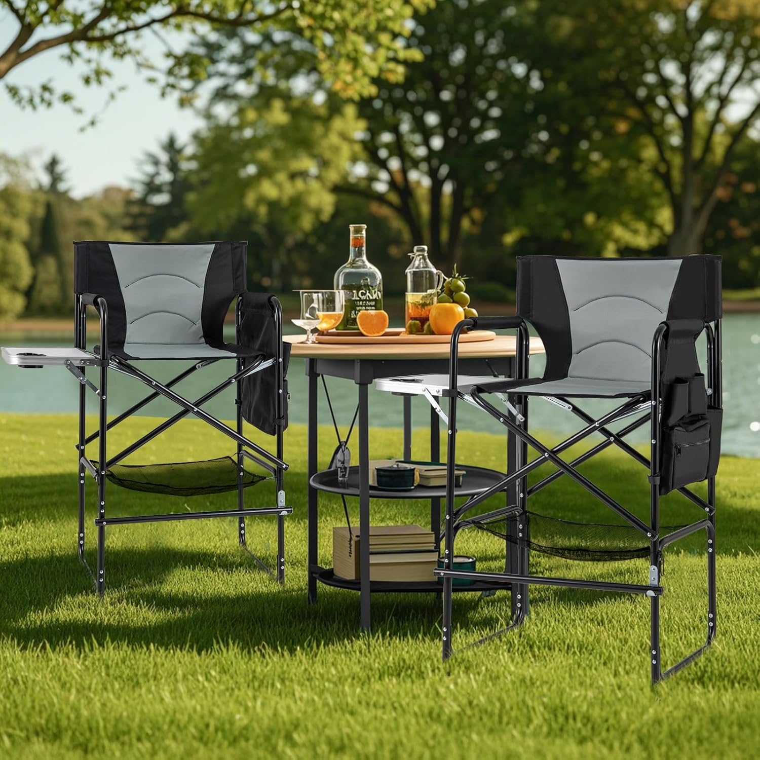 COSTWAY 46" Tall Directors Chair, Folding Makeup Artist Chair with Foldable Side Table & Footrest, Extra Cup Holder, Bottom Mesh Bag & Storage Pocket, Camping Chair for Lawn & Yard, Black+Gray
