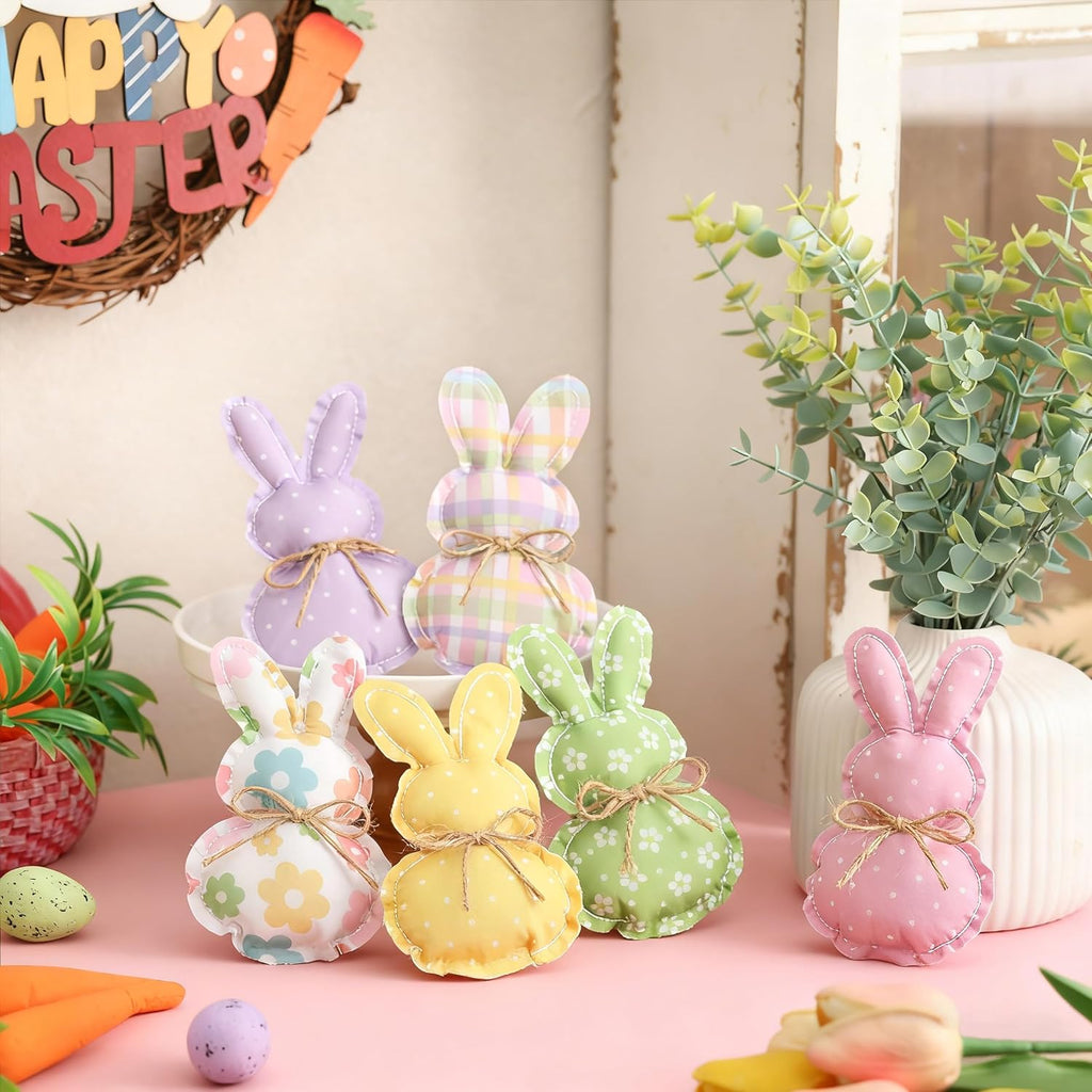 Easter Stuffed Fabric Bunnies - 6Pcs Handcrafted Fabric Bunnies for Tiered Trays - Spring Home Decor, Adorable Easter Stuffers for Basket Bowl Vase
