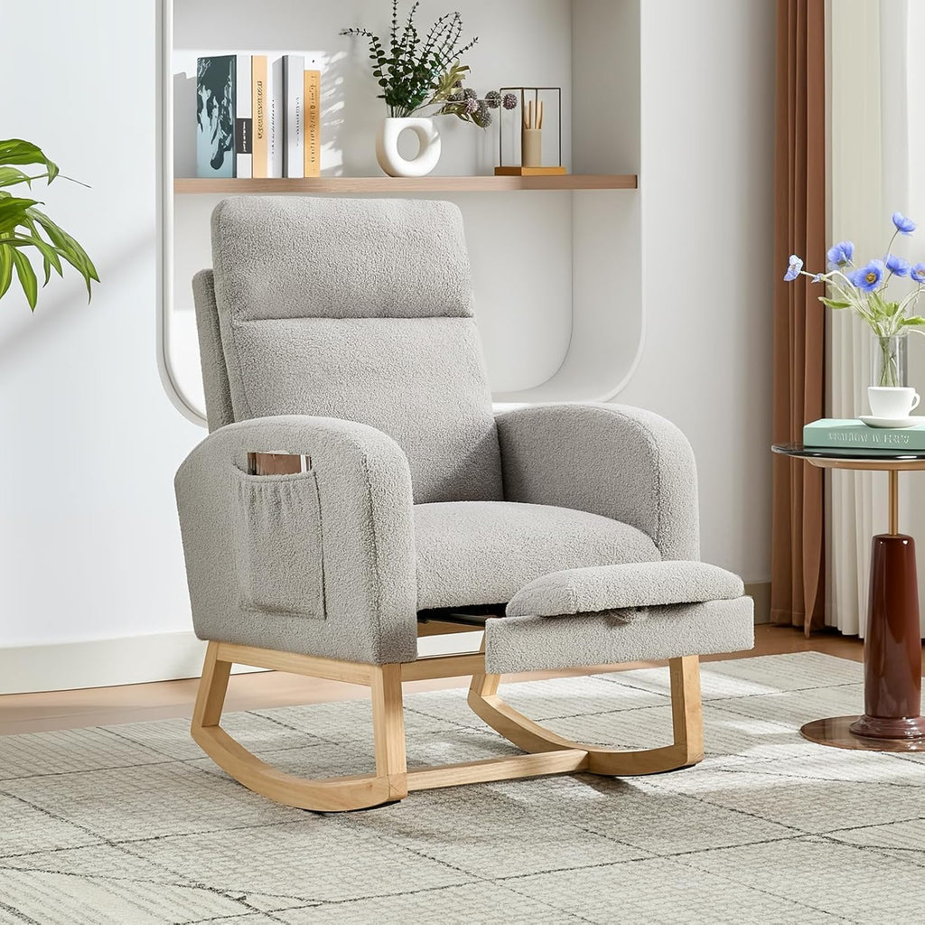 Modern Nursery Rocking Chair with Footrest,Teddy Upholstered Rocking Chair Comfortable Rocker Recliner with Side Pocket,Rocker Glider for Nursery,Grey