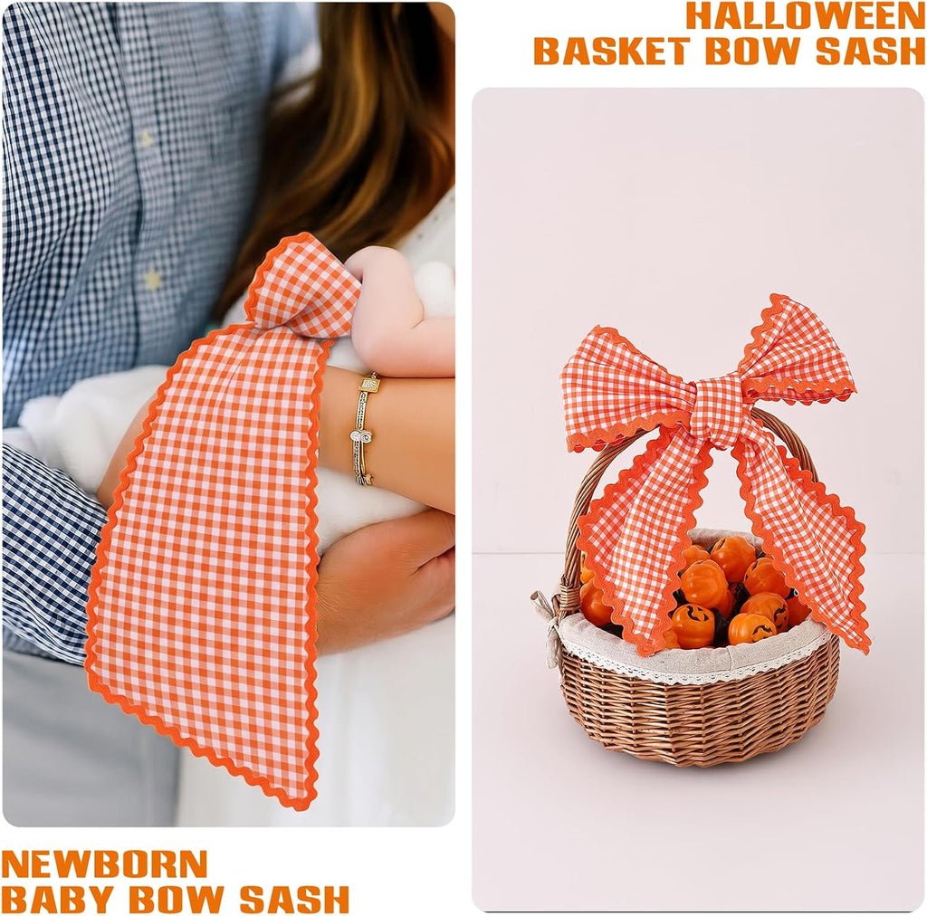 DYSHAYEN Wreath Sash for Front Door,Canvas RIC Rac Trim Wreath Accessories for Yard Doorway Indoor Outdoor Bridal Shower Easter Home (Orange Plaid-Orange Trim)