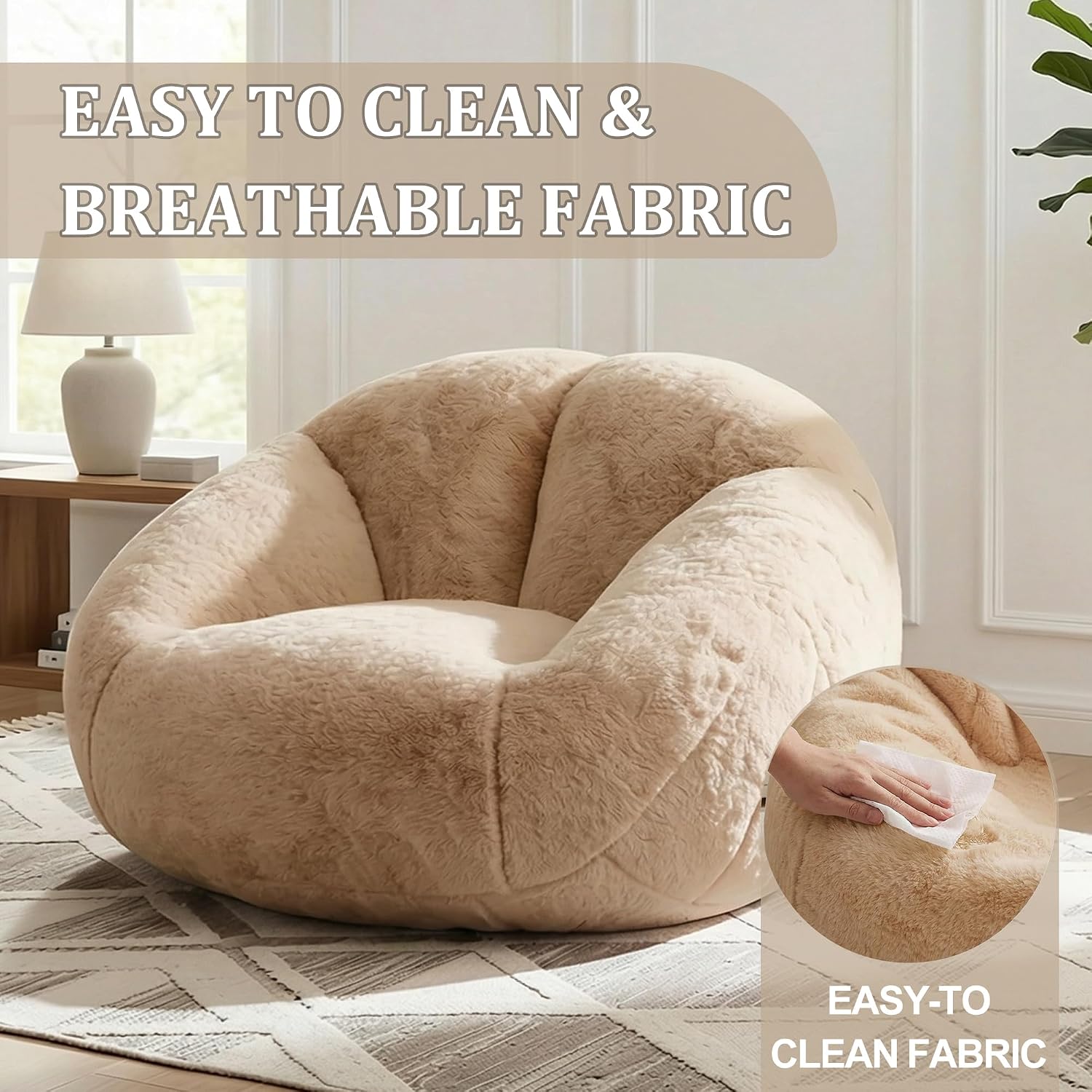 MOJAY Bean Bag Chair for Adults, Floral Shaped Bean Bags, Deep Sink-in Breathable Memory Foam Teen Bean Bag Chair, Easy to Clean Faux Fur Bean Bag Sofa, Comfy Chair for Living Room & Dorm (Camel)