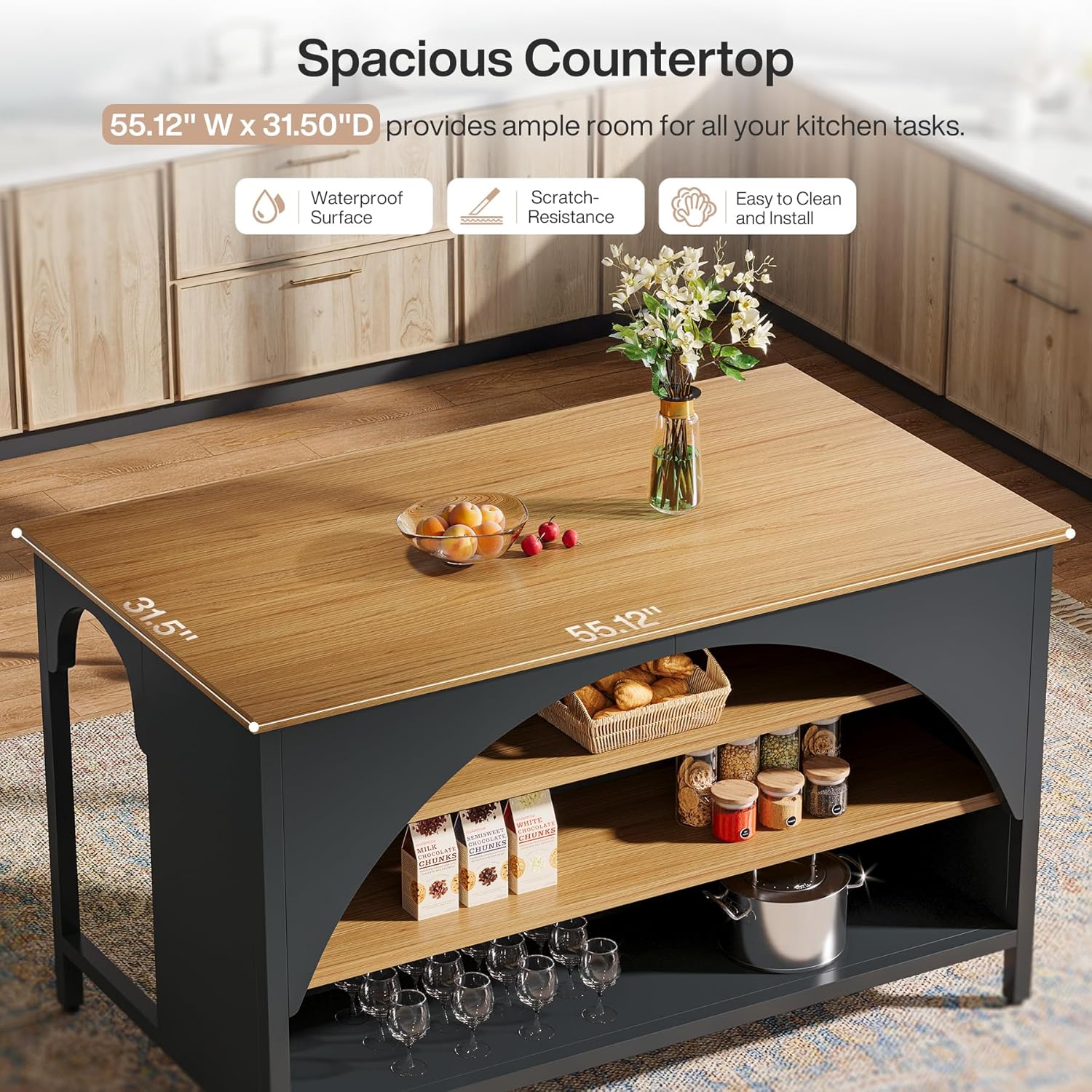 Tribesigns Kitchen Island with 3 Storage Shelves, 55" W Kitchen Shelf with Large Countertop and Seating Area, Modern Wooden Coffee Bar Table (Black)