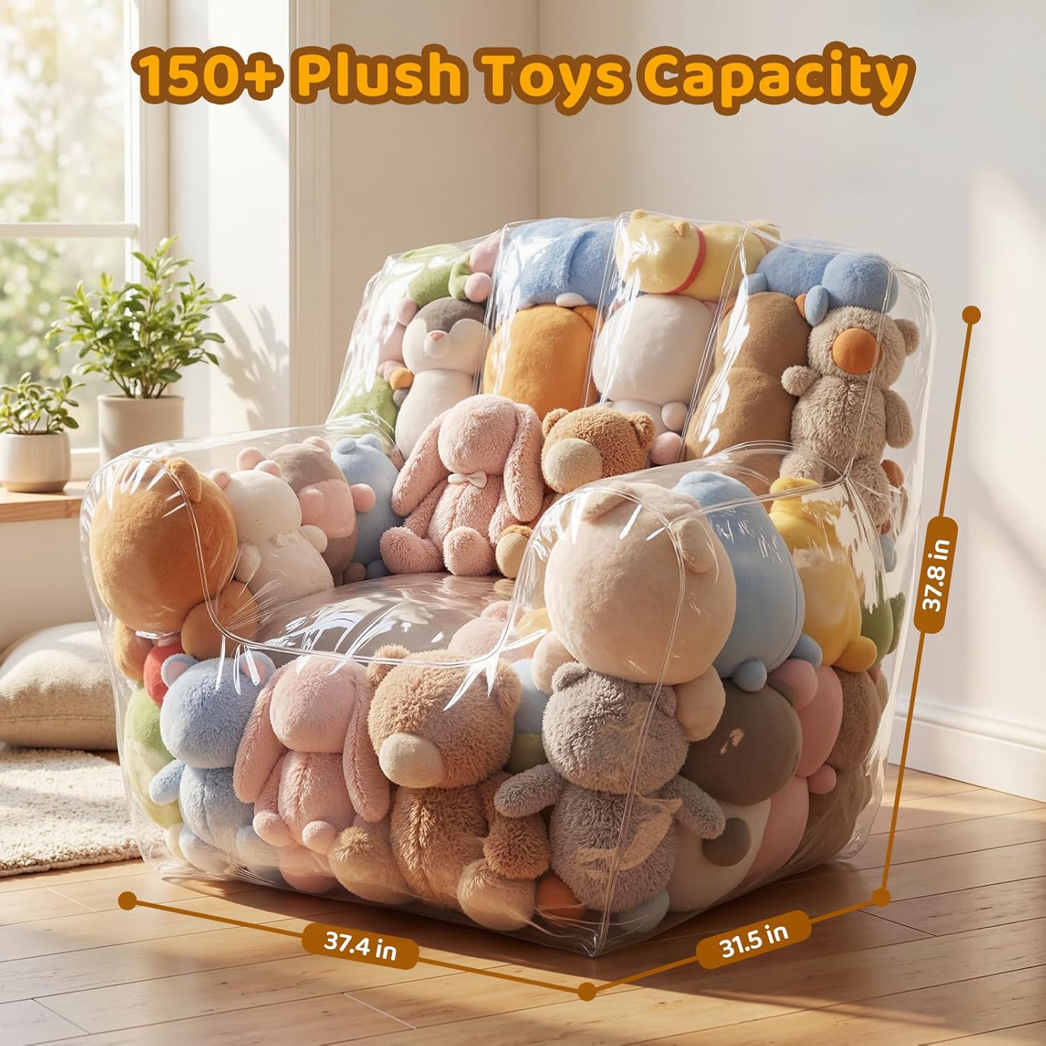 NTYNTY Clear Stuffed Animal Storage Chair, 37.8" x 37.4", 0.35mm Thick PVC, 330lbs Load, Waterproof Transparent Plush Storage Chair for Kids & Adults