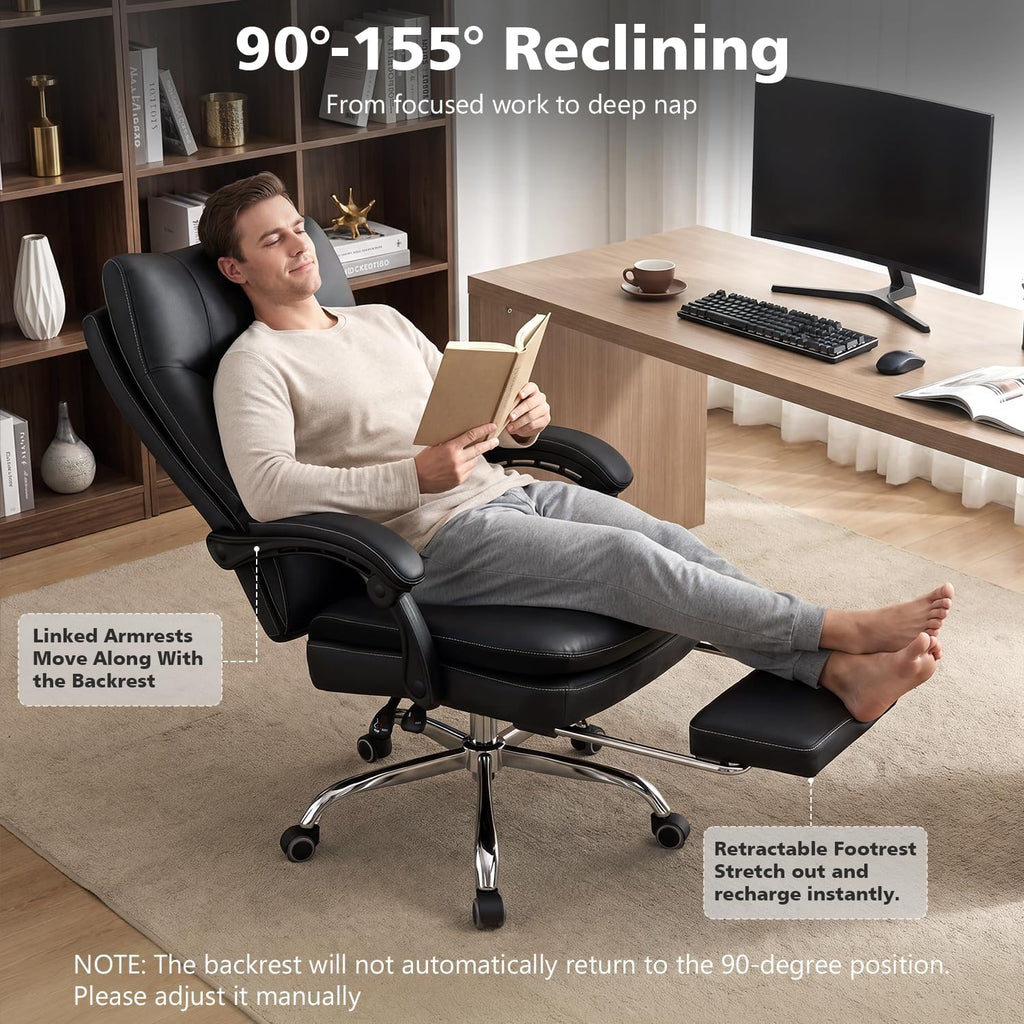 Big and Tall Comfy Office Chair,Ergonomic High Back Executive Desk Chair with Foot Rest,Heavy Duty Reclining Computer Chair with Wide Spring Cushion for Cross Legged,Home,Office,Gaming