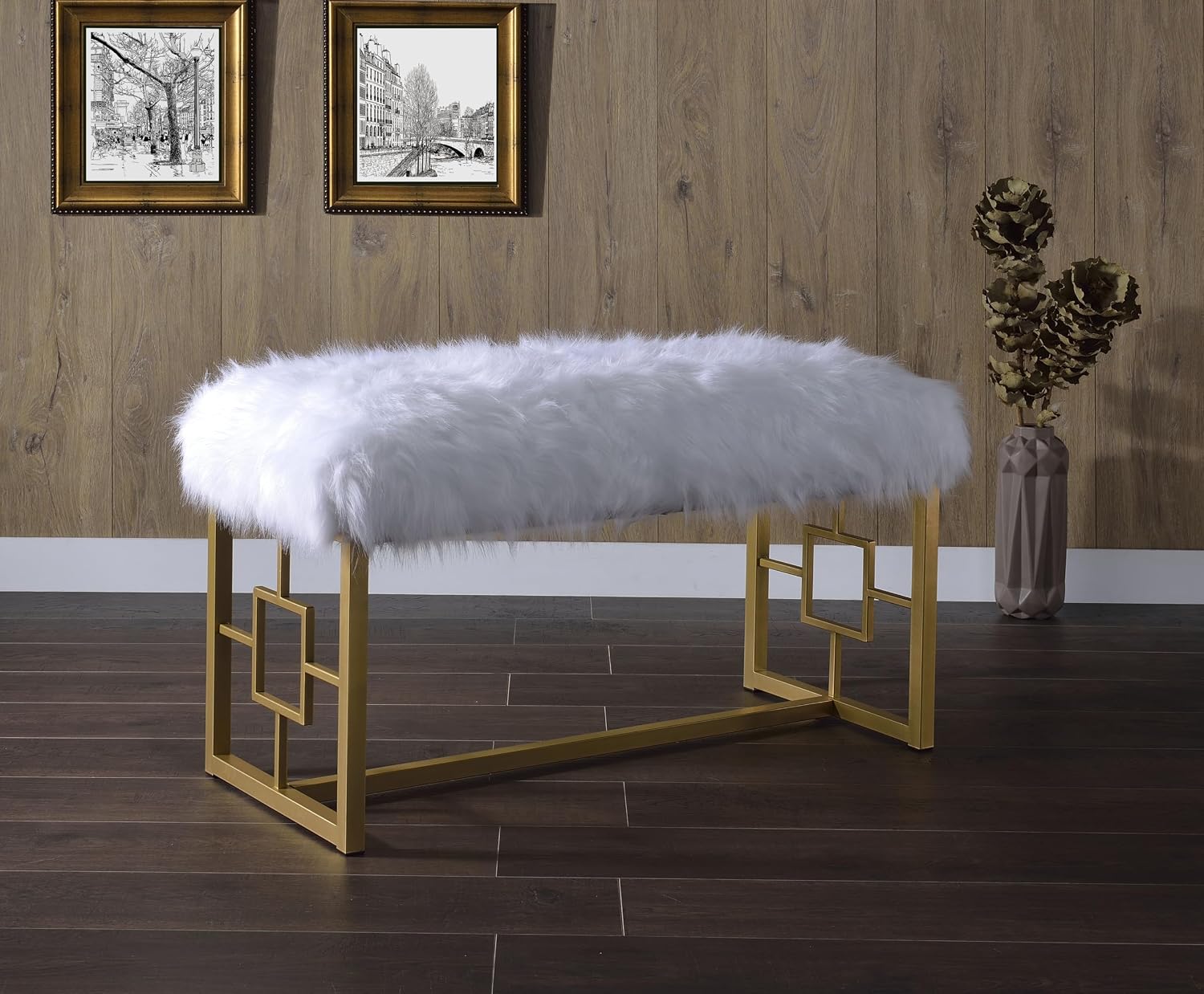 White Faux Fur Gold Bench: Modern Armless Lounge Seat - 21" Height 300lb Capacity - Entryway Bedroom Living Room Accent Furniture
