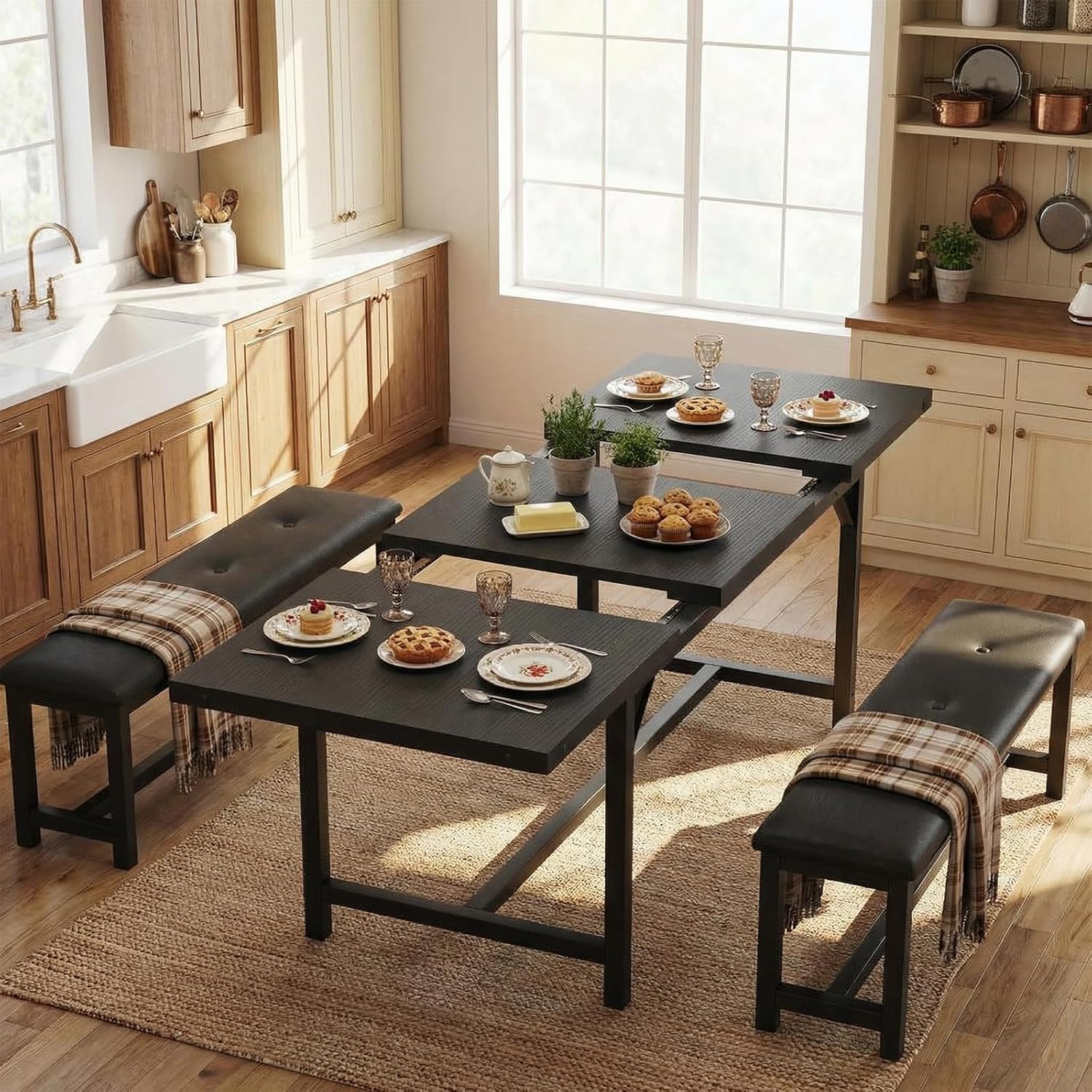 GarveeHome 5 Piece Extendable Dining Table Set for 4-6, Kitchen Table & 2 Upholstered Benches w/Metal Corner Protector, Dining Room Table Set for Small Space, Apartment, Easy Assemble, Retro Black