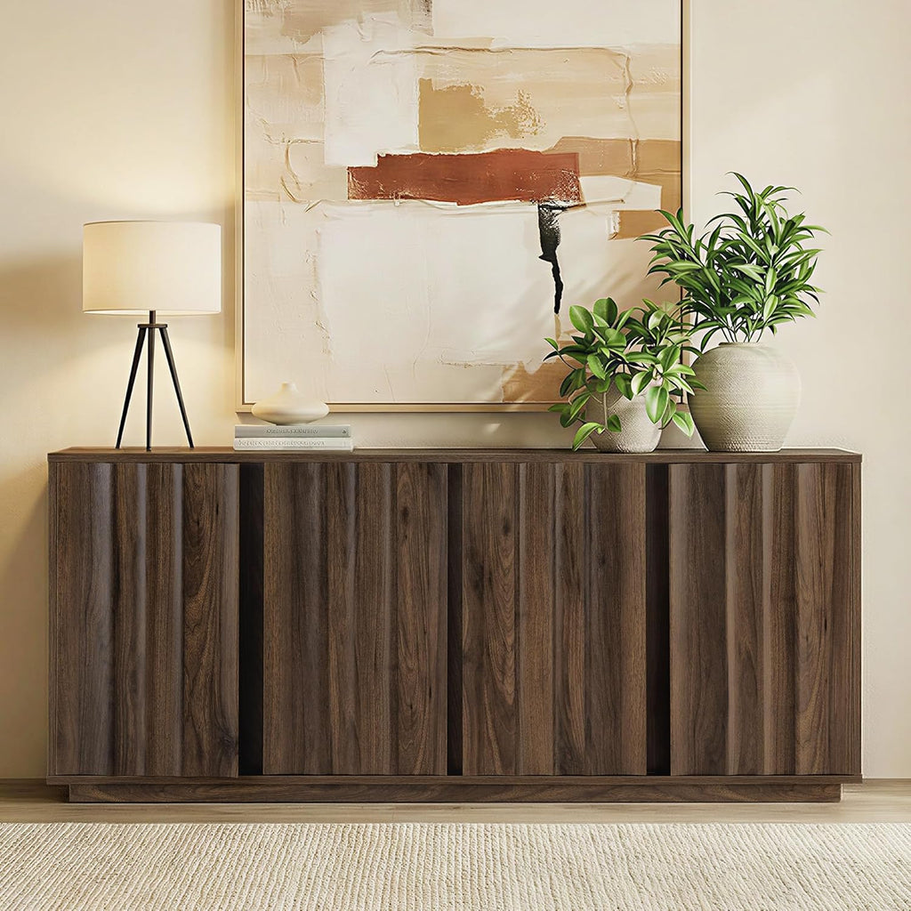 CHITA 63" Sideboard Buffet Cabinet with Storage, Wooden Console Cabinet with 4 Tereoscopic Wavy Door Panels & Adjustable Shelves, Storage Credenzas for Living Room, Kitchen, Hallway, Walnut