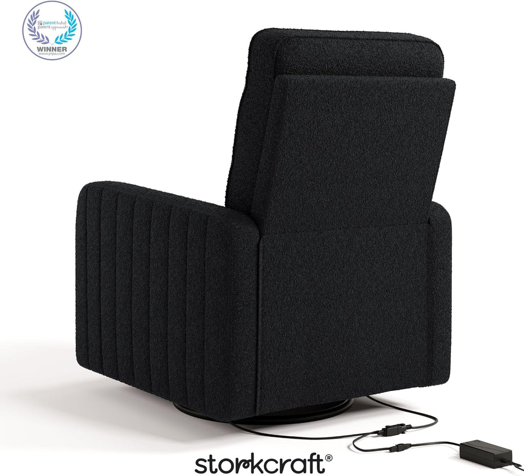 Storkcraft Kyoto Deluxe Power Recliner Swivel Glider (Black Boucle) – Premium Electronic Power Recliner for Nursery, Includes Dual-USB Charging Port with USB-A & USB-C, Glider Rocking Chair