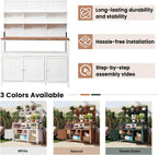 Potting Bench Table with Hutch, 50.2" Solid Fir Wood Garden Workstation, Large Countertop, 2 Shelves, 2 Cabinets, 3 Side Hooks, Outdoor Planting Table for Gardening, White