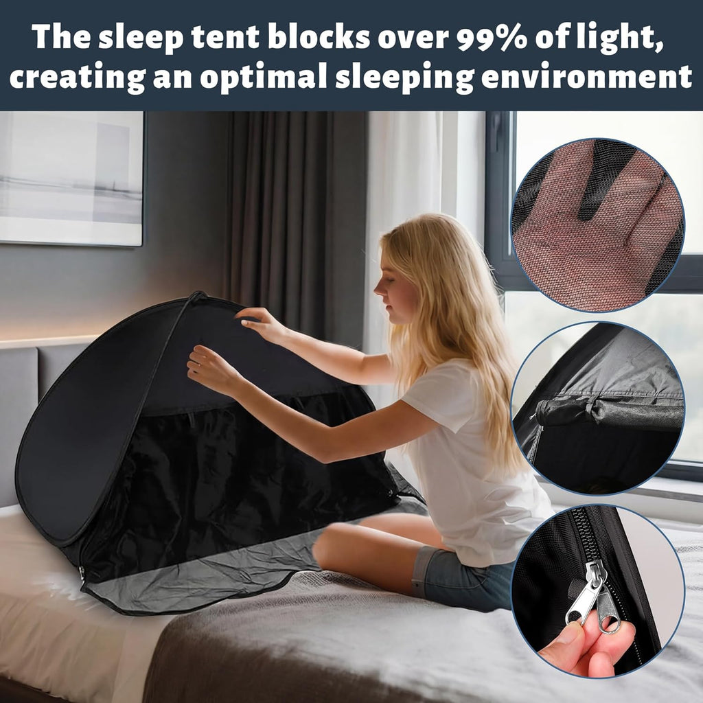 Blackout Bed Tent for Adults — Light-Blocking Sleep Bed Tent, Portable Privacy Shade for Night-Shift Workers, Dorm & Travel, Fits Queen Pillow, Mesh Vents, Indoor