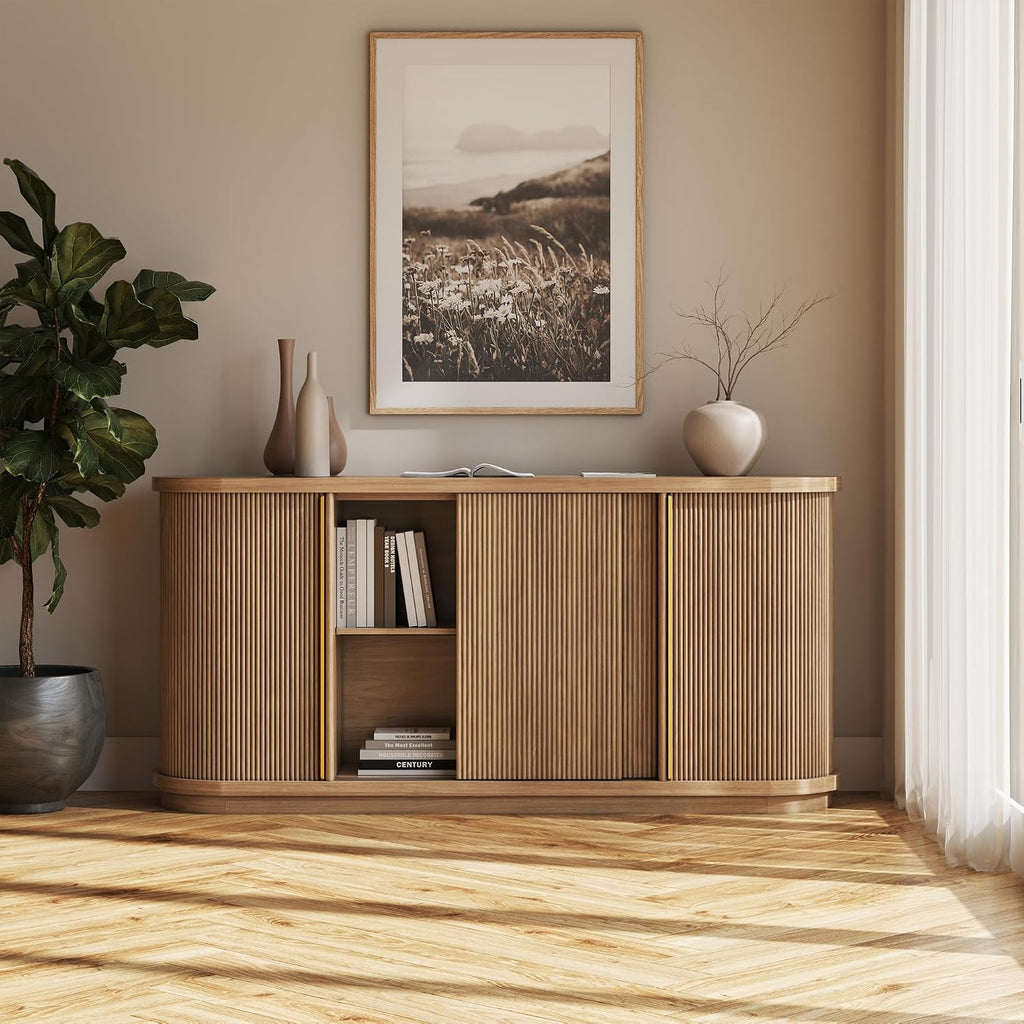 BELLEZE Turin 67" Modern Curved Sideboard with Sliding Tambour Doors - Fluted Wood Buffet Cabinet & Credenza - Oval Media Console with Gold Accents for Dining Room, Living Room, or Entryway (Camel)
