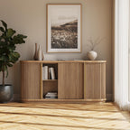 BELLEZE Turin 67" Modern Curved Sideboard with Sliding Tambour Doors - Fluted Wood Buffet Cabinet & Credenza - Oval Media Console with Gold Accents for Dining Room, Living Room, or Entryway (Camel)