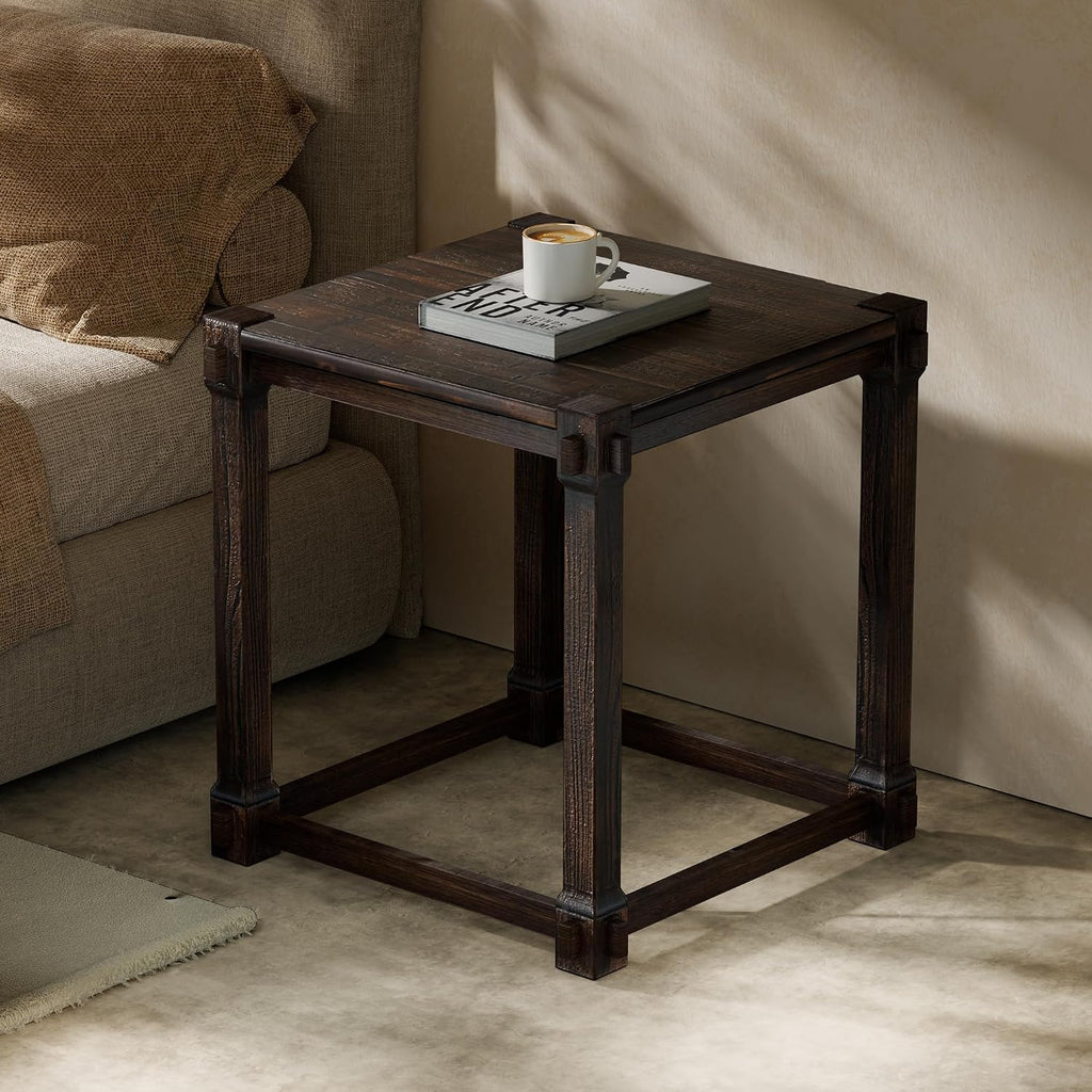 Vintage Aged Solid Wood Side Table, End Table, Nightstand, Bedside Table, Mortise and Tenon, Wear-Resistant Top, Sturdy Accent Table for Living Room Bedroom 20"×22"×22"
