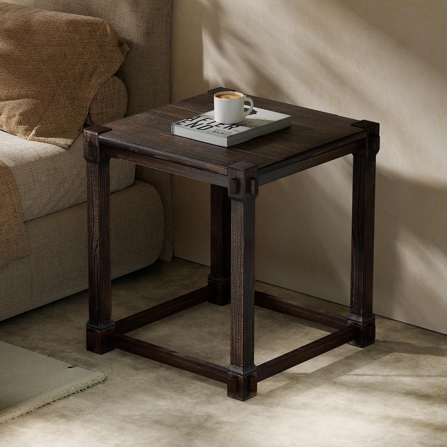 Vintage Aged Solid Wood Side Table, End Table, Nightstand, Bedside Table, Mortise and Tenon, Wear-Resistant Top, Sturdy Accent Table for Living Room Bedroom 20"×22"×22"