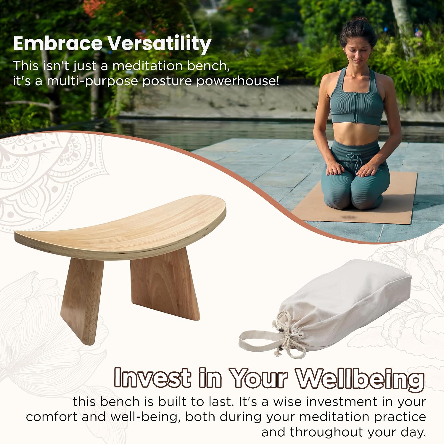 Wooden Meditation Bench for Seiza & Yoga Practice - Ergonomic Kneeling Prayer Stool with Curved Seat - Natural Floor Bench for Meditation, Mindfulness, Prayer & Yoga Sessions
