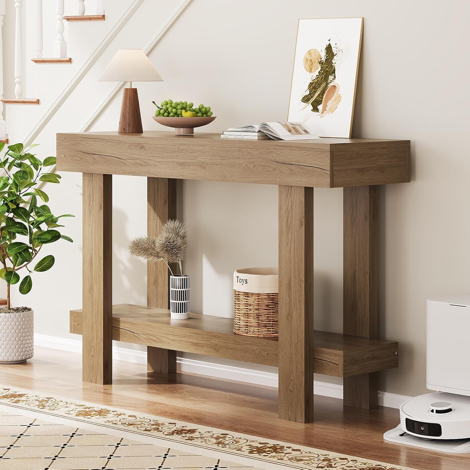 Console Table for Entryway, 47.2" Narrow Farmhouse Sofa Table with Thick Tabletop & Storage Shelf, 2-Tier Modern Wooden Entryway Industrial Table for Hallway, Living Room, Foyer, Behind Couch, Natural